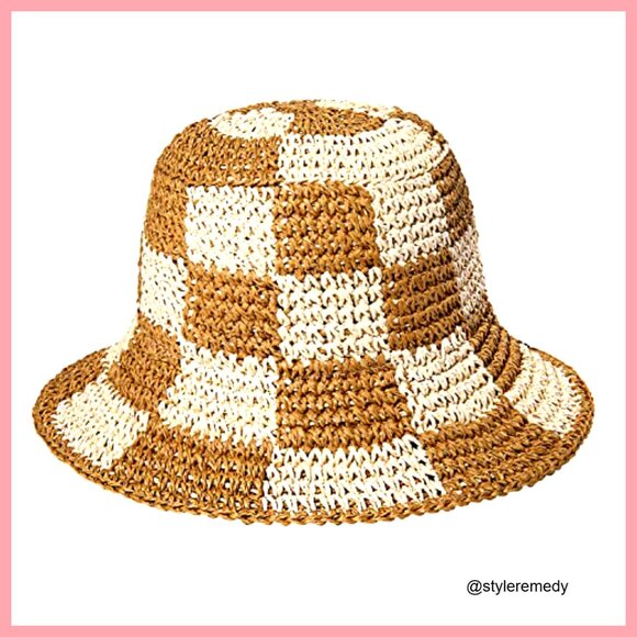 Straw Checkerboard Bucket Hat Packable Wide Brim Floppy Beach Sun Hat main image 4